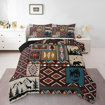 Elk Bear Comforter Set Twin Size,Exotic Vintage Country Decor Woodland Animal Bedding Comforter Sets Southwest Quilt Pine Trees Ethnic Tribal Arrow Down Comforter,Western Room Decor for Bedroom