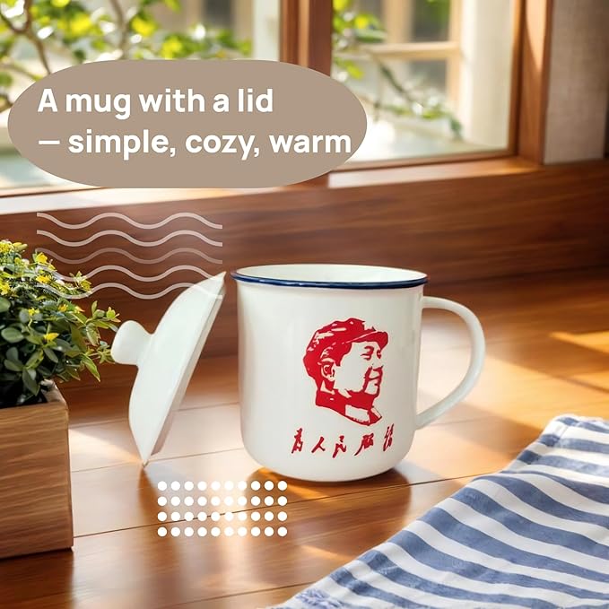 Personalized Ceramic Coffee Mug with Lid and Handle, Mao Zedong Serve The People Text, Unique Gift 13.5 oz Tea Cups