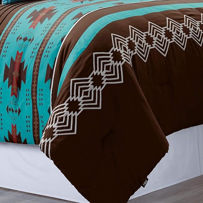WPM WORLD PRODUCTS MART 3 Piece Western Southwestern Native American Design Comforter Set Multicolor Teal Coffee Brown Embroidered King Size Navajo Bedding Set- Makala (King)