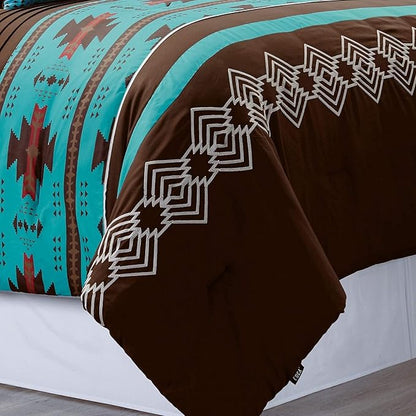 WPM WORLD PRODUCTS MART 3 Piece Western Southwestern Native American Design Comforter Set Multicolor Teal Coffee Brown Embroidered King Size Navajo Bedding Set- Makala (King)