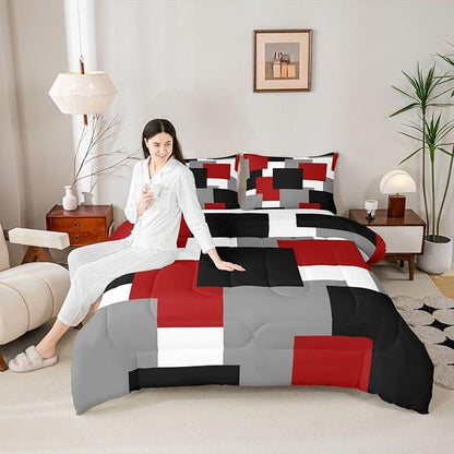 Castle Fairy Red Grey Black Comforter Set Queen Size,Geometric Grid Square Splicing Down Alternative Adults Room Decor,Modern Abstract Ultra Soft Microfiber Inner Fill 3Pcs Bedding