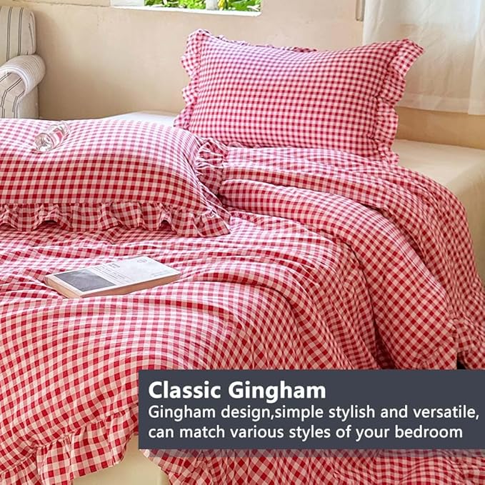 NSNLGSGC Red Ruffle Gingham Comforter Set Queen, Pre-Washed Ruffled Plaid Checked Comforter Bedding, 3 Pieces Vintage Farmhouse Grid Bedding Set(Red Gingham, Queen)