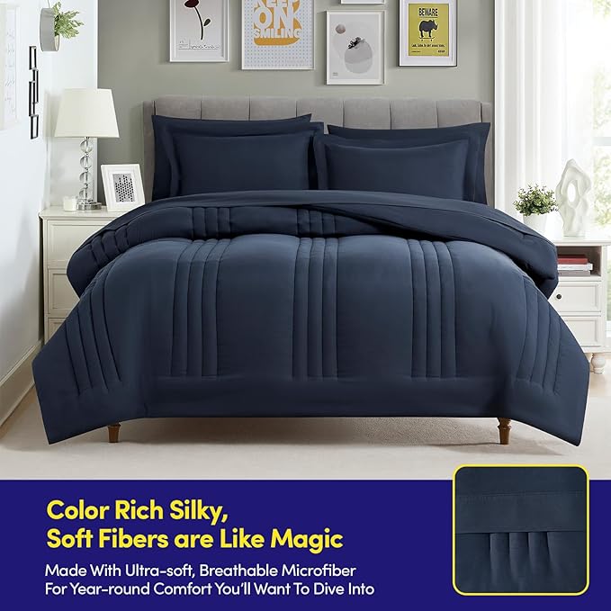 Queen Comforter Set Quilted Stripe Bedding Bundle – Comforter, Mattress Protector, Sheets with Pockets on The Side & Built-in Corner Strap – Fitted Sheet Media Pocket for Devices, Navy Blue