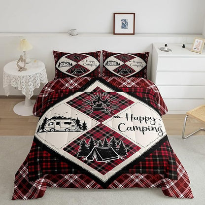Feelyou Camper Comforter Set Toddler Size Kids Happy Camping Comforter for Boys Teens Wood Grain Fire Tree Camper Accessories for Travel Trailers Bedding Set Black Red Duvet Set Room Decor