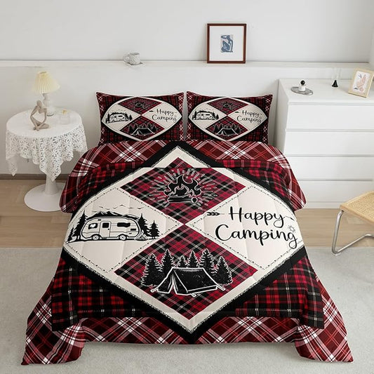Feelyou Camper Comforter Set Toddler Size Kids Happy Camping Comforter for Boys Teens Wood Grain Fire Tree Camper Accessories for Travel Trailers Bedding Set Black Red Duvet Set Room Decor