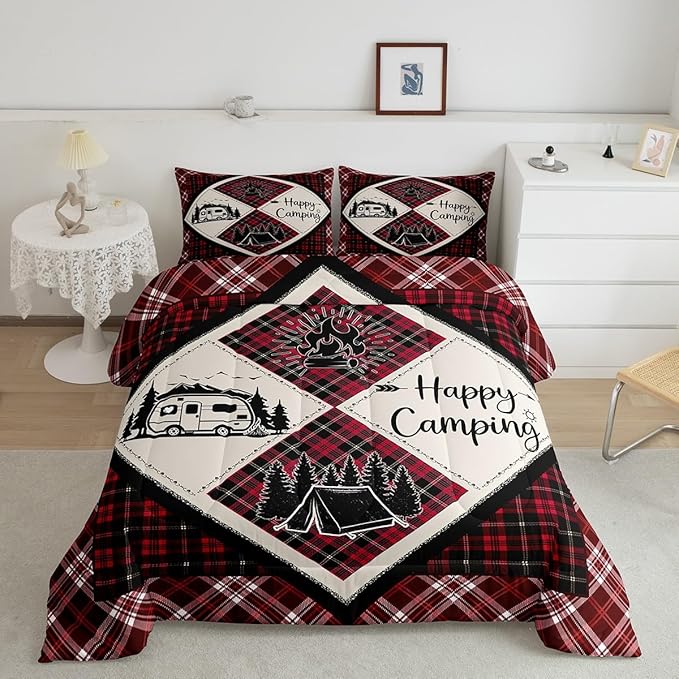 Feelyou Camper Comforter Set Queen Size Kids Happy Camping Comforter for Boys Teens Wood Grain Fire Tree Camper Accessories for Travel Trailers Bedding Set Black Red Duvet Set Room Decor