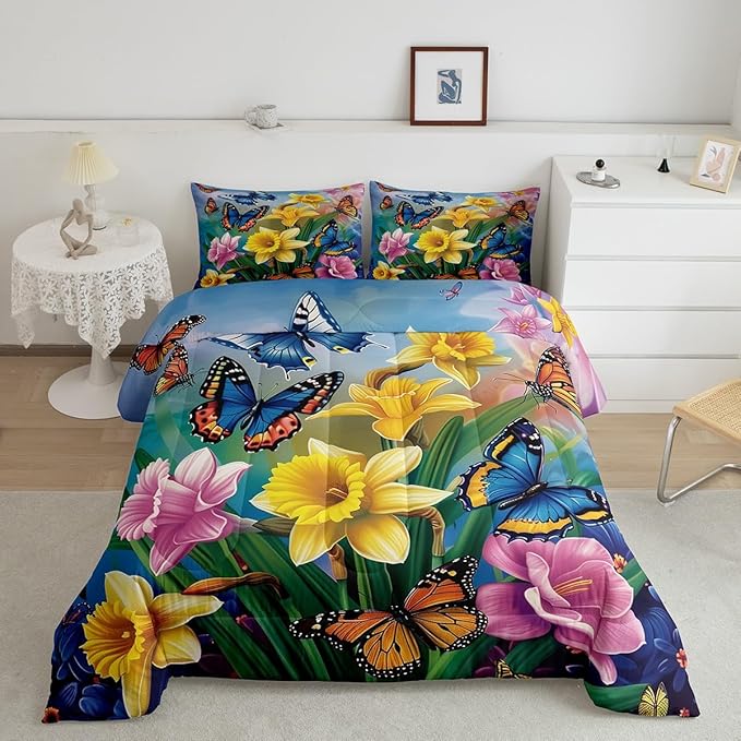 Erosebridal Garden Daffodil Comforter Set Country Farmhouse Bedding Set King Colorful Butterfly Floral Bedding Comforter Sets for Kids Girls Adult Spring Blossom Flower Bed Set Rustic Cabin Decor