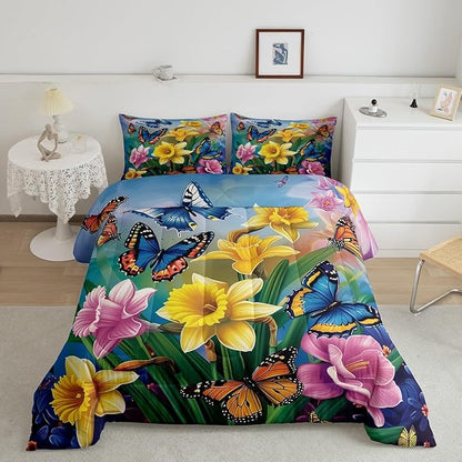 Erosebridal Garden Daffodil Comforter Set Country Farmhouse Bedding Set Full Colorful Butterfly Floral Bedding Comforter Sets for Kids Girls Adult Spring Blossom Flower Bed Set Rustic Cabin Decor