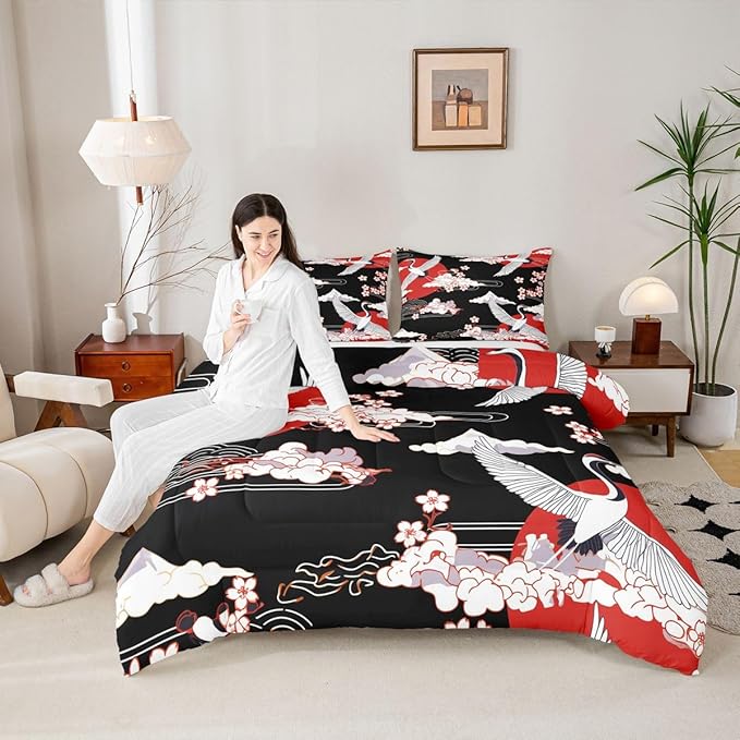 Japanese-Style Comforter Set Twin Size Crane Printed Cherry Blossoms Decor Down Comforter, for Adult Women Girls Teens Japanese Traditional Pattern Quilted Duvet Ukiyoe Theme Bedding Comforters