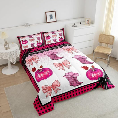 Erosebridal Pink Kawaii Cowgirl Bedding Comforter Sets King for Kids Girls Teen Women,Western Cowboy Boots Hat Bedding Set Cute Bowknot Pumpkin Comforter Set,Plaid Decor Quilt Duvet 2 Pillow Cases