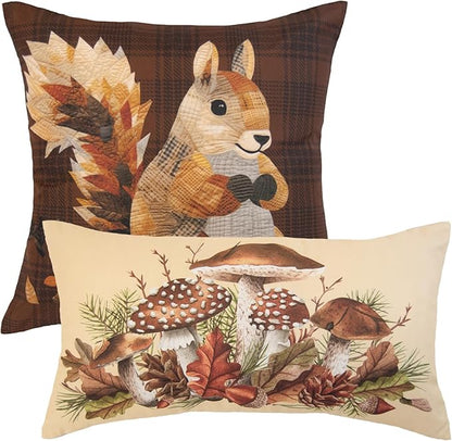 Donna Sharp 2-Piece Pine Circle Squirrel and Mushroom Nature Themed Decorative Throw Pillow Set - Pillows for Couch, Sofa, Beds, and Chairs - Includes 18" x 18" Square & 12" x 22" Rectangular Pillows