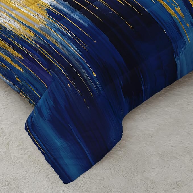 Blue White Gold Gradient Color Print Comforter Set King Size,Abstract Art Bedding Set,Patchwork Printed Quilted Set for Teens Adult,with 1 Comforter and 2 Pillow Case