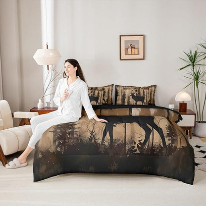 Erosebridal King Size Deer Bedding Set 7 Pieces for Kids Teens Adults - Woodland Deer Hunting Bed in A Bag Rustic Farmhouse Style Comforter Set with Sheets Country Rural Cabin Lodge Duvet Insert