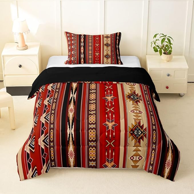Erosebridal Aztec Bedding Set Ethnic Tribal Arrow Comforter Set,Vintage Southwestern Native Bohemian Quilt Twin,Western Star Duvet Insert Exotic Geometric Diamond Stripes Room Decor,Red and Black