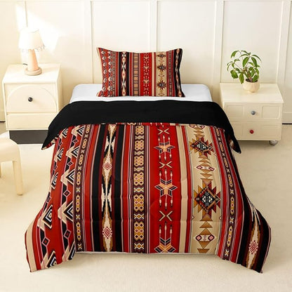 Erosebridal Aztec Bedding Set Ethnic Tribal Arrow Comforter Set,Vintage Southwestern Native Bohemian Quilt Twin,Western Star Duvet Insert Exotic Geometric Diamond Stripes Room Decor,Red and Black