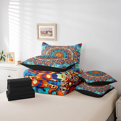 Boho Mandala Comforter Set Art Deco Vintage Bedding Comforter Sets, Retro Bohemian Bed in a Bag Paisley Bedding King Size 7pcs, Oriental Medallion Bedding Accessories Colorful Aesthetic Bedroom Decor