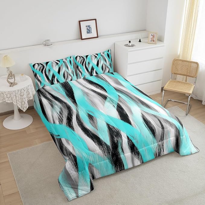 Erosebridal Geometric Turquoise Comforter Twin Modern Abstract Comforter Set Black Grey Teal Bedding Set for Kids Boys Girls Swirl Stripes Quilt Duvet Room Decor 2 Pcs