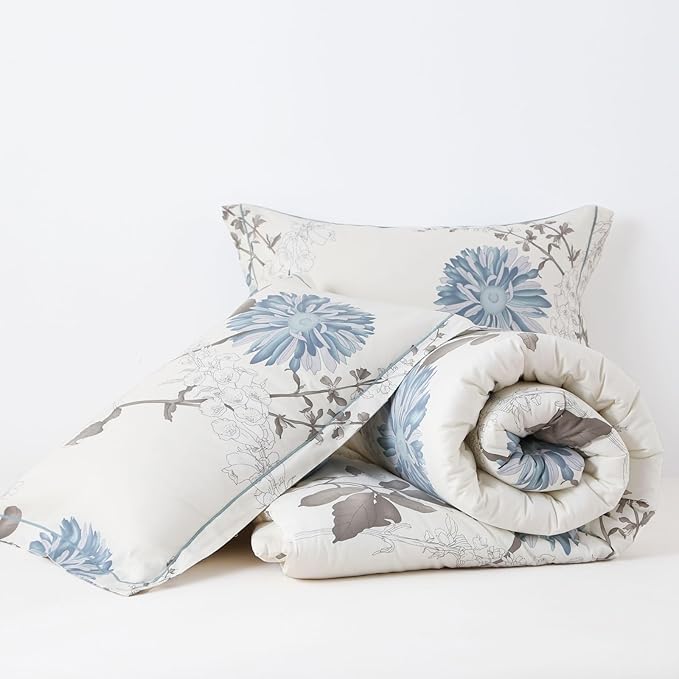 Comforter King Size Set – White Blue Floral Brown Leaf Bedding, Soft & Breathable Cotton Shell Comforter, All-Season Down-Alternative Filling, 1 Comforter & 1 Pillow Sham