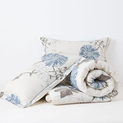 Comforter King Size Set – White Blue Floral Brown Leaf Bedding, Soft & Breathable Cotton Shell Comforter, All-Season Down-Alternative Filling, 1 Comforter & 1 Pillow Sham