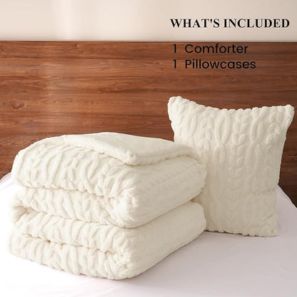 PHF Fluffy Sherpa Fleece Twin Comforter Set, 2 Pieces Warm Fuzzy Soft Bedding for Winter, 3D Tufted Flannel Plush Shaggy Bed Set, 1 Comforter (68"x90") and 1 Pillowcase (20"x26"), Cream