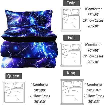 Blue Lightning Comforter Set Twin Size Bed in A Bag,Lightning Bedding Set for Teen Adult Blue Room Decor Ultra-Soft Lightweight Microfiber with 2 Pillowcases