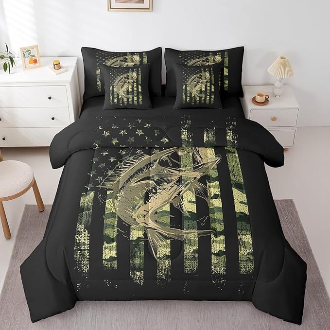 Feelyou Bass Fish Comforter Set King Size 7 Pcs Camouflage American Flag Comforter Bed in a Bag Cabin Lodge Bedding Set for Fisherman Rustic Lake Fishing Bed Set with Sheets, Pillowcases, Pillow Cover