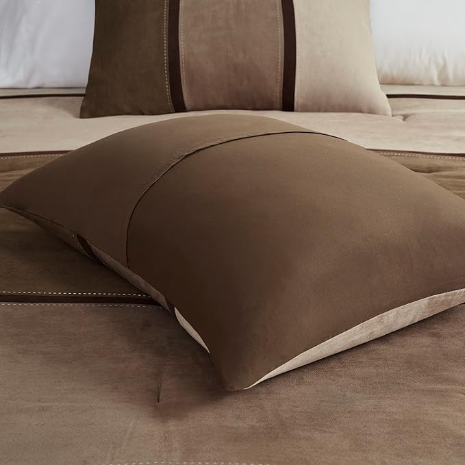 Madison Park Palisades Comforter Set Modern Faux Suede Pieced Stripe Design, All Season Down Alternative Cozy Bedding with Matching Shams, Decorative Pillows, King(104"x92"), Brown 7 Piece