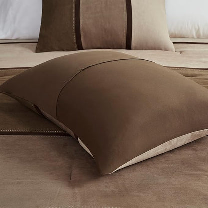 Madison Park Palisades Comforter Set Modern Faux Suede Pieced Stripe Design, All Season Down Alternative Cozy Bedding with Matching Shams, Decorative Pillows, Cal King(104"x92"), Brown 7 Piece