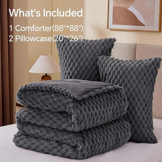 BEDELITE Fluffy Queen Comforter Set - Grey Fleece Soft Comforter for Queen Size Bed, Luxury Warm Bedding Set for Winter, Fuzzy Bed Set 3 Pieces (1 Comforter, 2 Pillowcases)