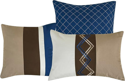 Chezmoi Collection Arden 7-Piece Modern Pleated Stripe Embroidered Zigzag Bedding Comforter Set (Queen, Coffee/Brown/Navy/White)