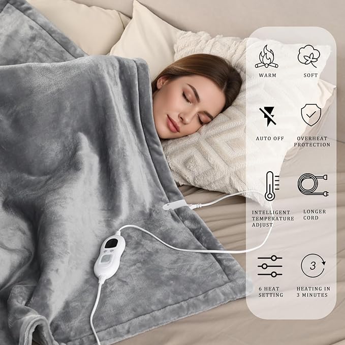 Heated Blanket Electric Throw 60"x84", 8lbs Thick Flannel Heating Blanket, 6 Heat Levels & 9 Hours Auto Off, Machine Washable Overheated Protection Electric Quilt for Couch, Bed, Sofa (Gray)