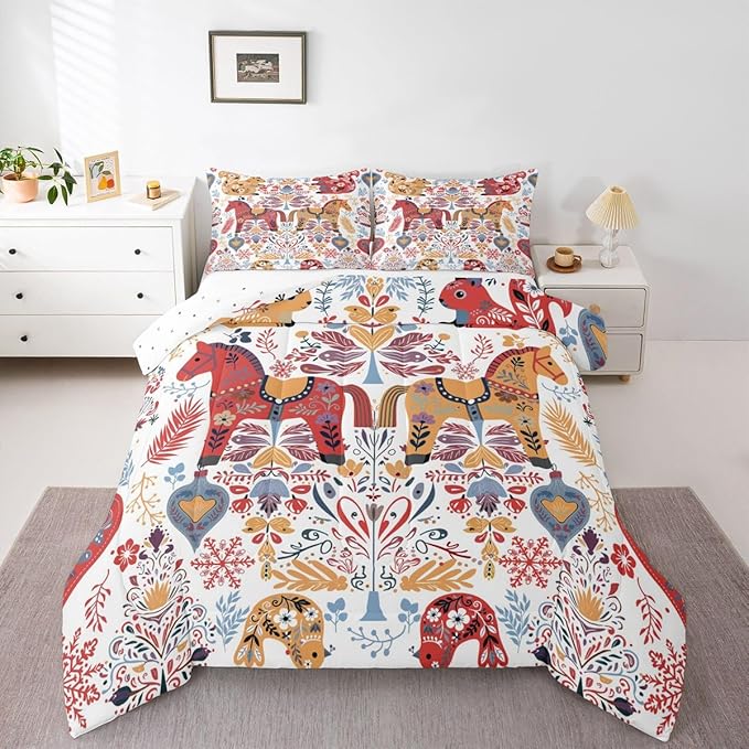 Bohemian Horse Comforter Set King Size,Floral Bird Squirrel Bedding Sets 3Pcs for Kids Girls Boys Women Room Decor,Christmas Bells Snowflake Quilted Duvet Scandinavian Art Down Comforter,2 Pillowcases