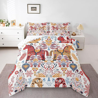 Bohemian Horse Bedding Sets Twin Size,Floral Bird Squirrel Comforter Set 2Pcs for Kids Girls Boys Women Room Decor,Christmas Bells Snowflake Quilted Duvet Scandinavian Art Down Comforter,1 Pillowcase