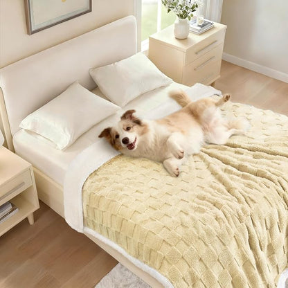 Luciphia Waterproof Dog Blanket for Large Dogs Washable Soft Sherpa Fleece Cat Blankets with 3D Jacquard Cozy Calming Reversible Bed Couch Protector Furniture Protection, Beige White, 65x57 inch