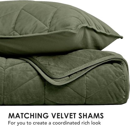 EVERGRACE 3 Pieces Luxurious Queen Velvet Quilts, Ultra Soft Lightweight Velvet Comforter Set, Matelasse Oversized Bedspread Coverlet for All Season with 2 Shams, Olive Green, 92"x96"