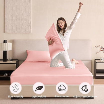 THXSILK 6A+ Top Grade 100% Pure Mulberry Silk Full Fitted Sheet 3Pcs Set Bed Sheets Luxury Bedding for Hair and Skin Breathable Safe Material, 1 Fitted Sheet with 2 Pillowcases, Charming Pink