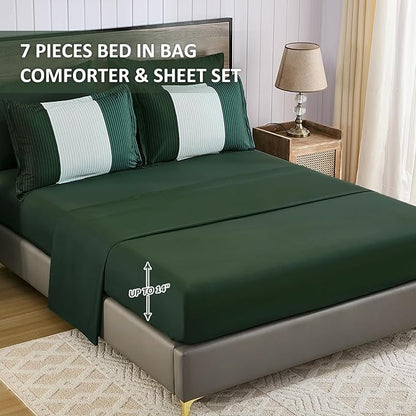 Anibedding Dark Green King Size Comforter Set, 7 Piece Green Striped Bed in a Bag, Soft Microfiber All Season Bedding Set with Comforter, Sheets, Pillowcases & Shams