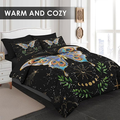 Comforter Set Twin Size, Gothic Butterfly Moon 5 Pcs Bedding for Kids and Adults, Botanical Plant Leaf Bed Sheet Sets with Fitted Sheet Pillowcase & Sham for Bedroom Bed Decor