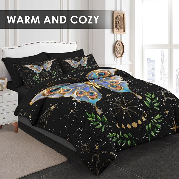 Comforter Set Queen Size, Gothic Butterfly Moon 7 Pcs Bedding for Kids and Adults, Botanical Plant Leaf Bed Sheet Sets with Fitted Sheet 2 Pillowcases & 2 Shams for Bedroom Bed Decor