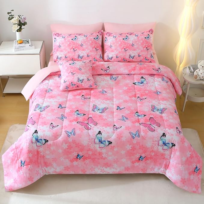 JQinHome 8 Pc Butterfly Comforter Set Queen, 3D Pink Flower Printed Bedding Set for Girls Women, All Season Microfiber Butterfly Theme Home Decor Bedding with Sheet Sets