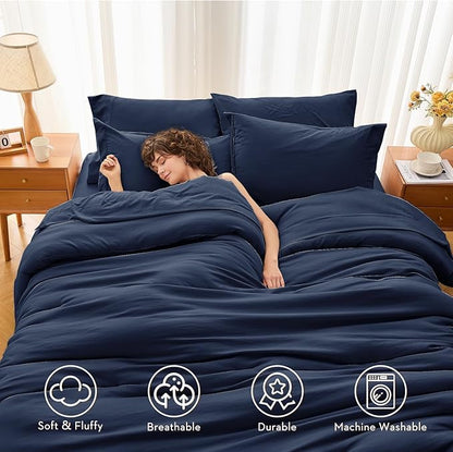MUXHOMO 7 Pieces King Comforter Set, Soft Bed in a Bag King Size, All Season Bedding Set with Comforter, Flat Sheet, Fitted Sheet, Pillowcases & Shams, Navy Blue