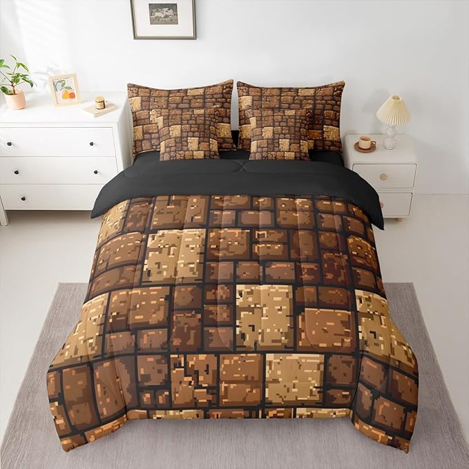 Castle Fairy Brown Stone Wall 7 Piece Bedding Set Queen Size,Pixel Style Comforter & Sheet Sets Splicing Grid Block Bed in a Bag Video Games Flat & Fitted Sheets,4 Pillow Covers