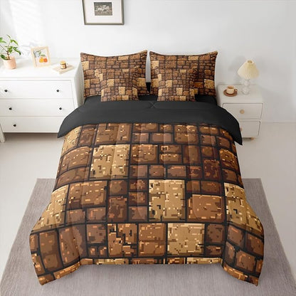 Castle Fairy Brown Stone Wall 7 Piece Bedding Set Queen Size,Pixel Style Comforter & Sheet Sets Splicing Grid Block Bed in a Bag Video Games Flat & Fitted Sheets,4 Pillow Covers
