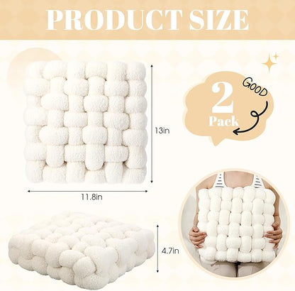Wenqik 2 Pcs Knot Pillows Square Knotted Plush Throws Soft Accent Pillows Decoration Cushion for Couch Home Office Living Room Bedroom Bed Sofa Decor, 12'' x 13''(Cream White,Lambswool)
