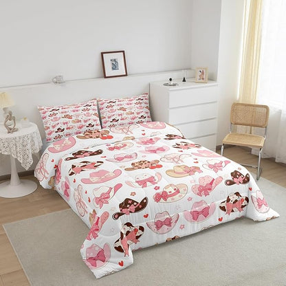 Feelyou Pink Western Decor Bedding Set Toddler Size Cowboy Cowgirl Boots Comforter Set for Kids Boys Girls Decor Cute Bowknot Cherry Dreamy Princess Style Comforter Rodeo Cowboy Style Duvet Set
