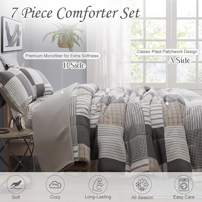 Comforter Set King Size Plaid Patchwork Comforter Bedding-7 Piece Bed in a Bag,Soft Fluffy Reversible Microfiber Bedding Set(1 Comforter,1 Flat Sheet,1 Fitted Sheet,2 Pillowcases,2 Pillow Shams),Grey