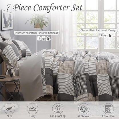 Comforter Set King Size Plaid Patchwork Comforter Bedding-7 Piece Bed in a Bag,Soft Fluffy Reversible Microfiber Bedding Set(1 Comforter,1 Flat Sheet,1 Fitted Sheet,2 Pillowcases,2 Pillow Shams),Grey