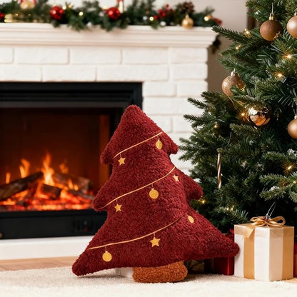 Artmag Christmas Pillow, Decorative Christmas Tree Pillow Stuffed Tree Shaped Embroidered Star Ball Bedroom Xmas Plush for Party Home Decorations 15.5" x 14.5" Red