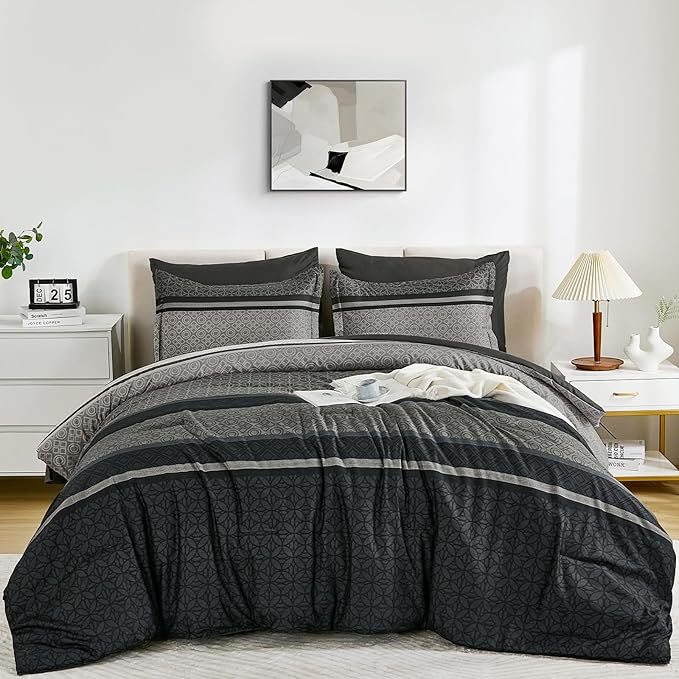 WONGS BEDDING 7 Pieces Comforter Set King Size, Dark Grey Black Striped Bed in a Bag Comforter and Sheet Set, Minimalist Geometric Soft Lightweight Micorfiber Bedding Set for All Season (90"×104")