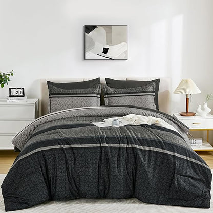 WONGS BEDDING 7 Pieces Comforter Set Queen Size, Dark Grey Black Striped Bed in a Bag Comforter and Sheet Set, Minimalist Geometric Soft Lightweight Micorfiber Bedding Set for All Season (90"×90")